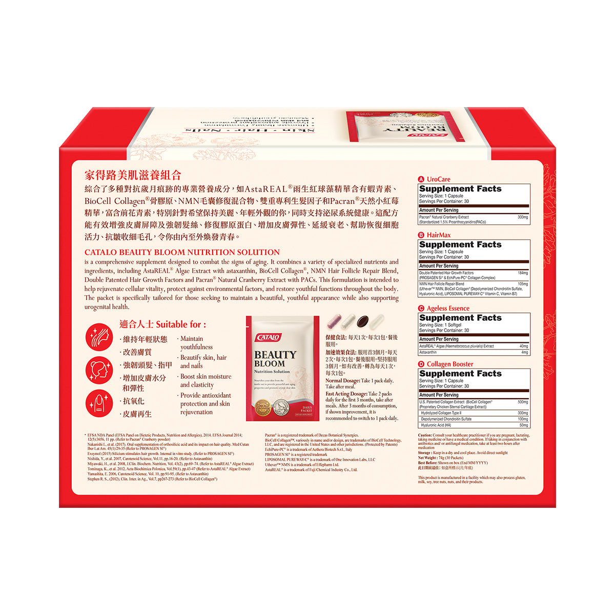 CATALO家得路美肌滋養組合 30包,含AstaREAL®蝦青素及BioCell Collagen®,抗老嫩膚,強韌頭髮,適合關注美肌人士。